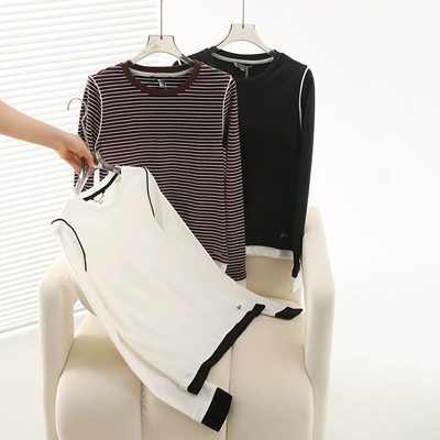 2024秋冬新款女装学院风撞色假两件长袖T恤打底衫TTLA248910H