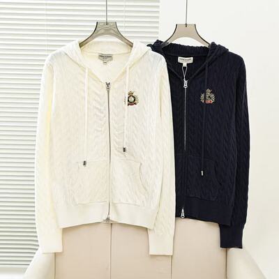 2026春季新款学院风休闲刺绣双拉链针织衫连帽开衫女TTCK2652C1A