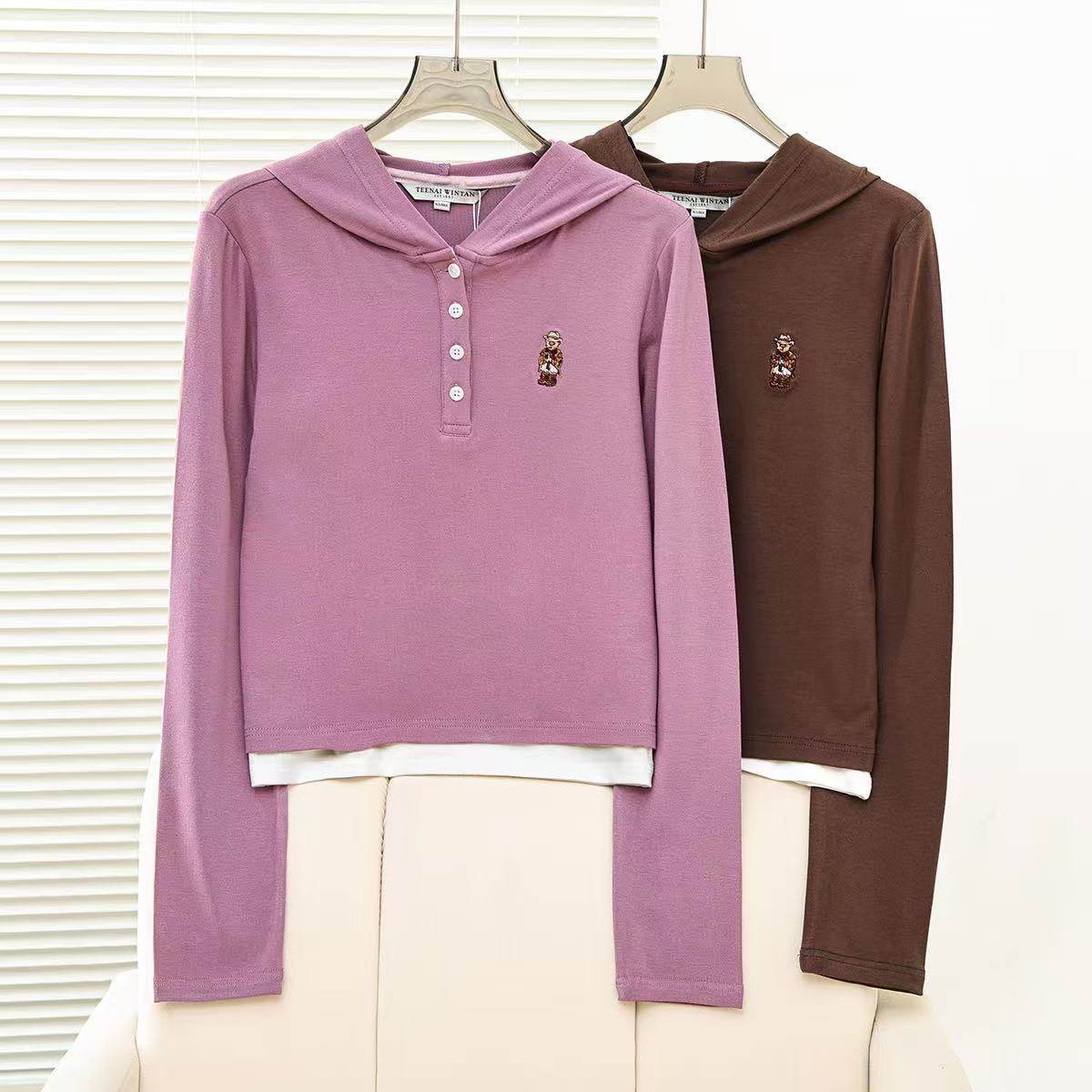 2026春季新款女装学院风简约撞色假两件连帽长袖T恤TTLA2651CAA,女装/女士精品,毛针织衫,淘宝优惠券,粉丝福利购,淘宝优惠卷