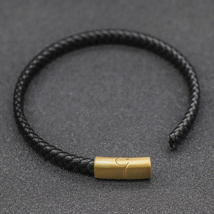 复古民族风黑色皮编织手链简约金色磨砂钛钢个性手饰穿3D硬金