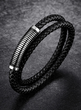 日韩复古钛钢黑色皮手