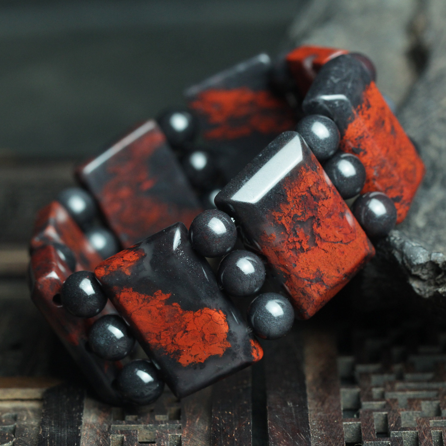 【墨焰丹霞】天然桂林鸡血玉手链乾坤料方牌手排玉石手链手串正品