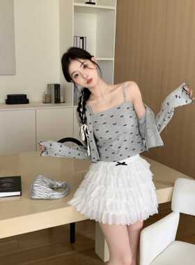 MOMONANA气质蝴蝶结两件套装 女款休闲时尚纯欲甜系半身裙短裙