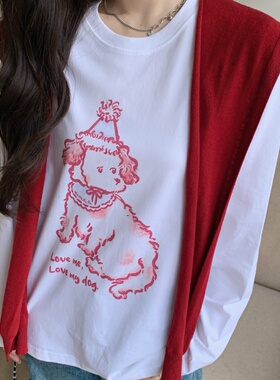 MOMONANA秋冬可爱宽松色小狗长袖蓝色宽松休闲牛仔长裤红色披肩