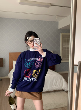 MOMONANA薄款深蓝猫咪趣味卫衣韩系手绘印花圆领宽松套头上衣