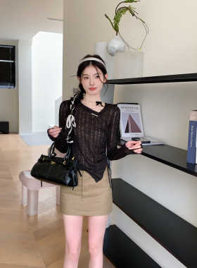 清仓！MOMONANA摇光美式复古时髦辣妹网纱蝴蝶结长袖针织打底衫