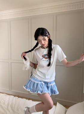 张予曦同款MOMONANA可颂丝带白色短袖T恤百搭显肤白蓝色蓬松短裙