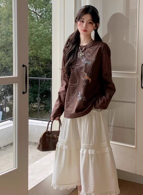 MOMONANA2025春夏街头百搭棕色蝴蝶结印花长袖t米色淑女长裙