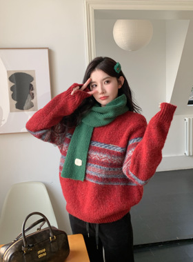 MOMONANA圣诞新年款复古拼色编织套头毛衣黑色雪尼尔加绒抽绳长裤