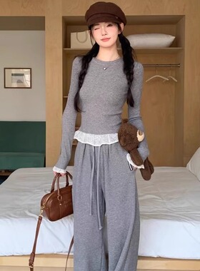 MOMONANA秋冬蕾丝花边灰色修身套头长袖显瘦打底衫