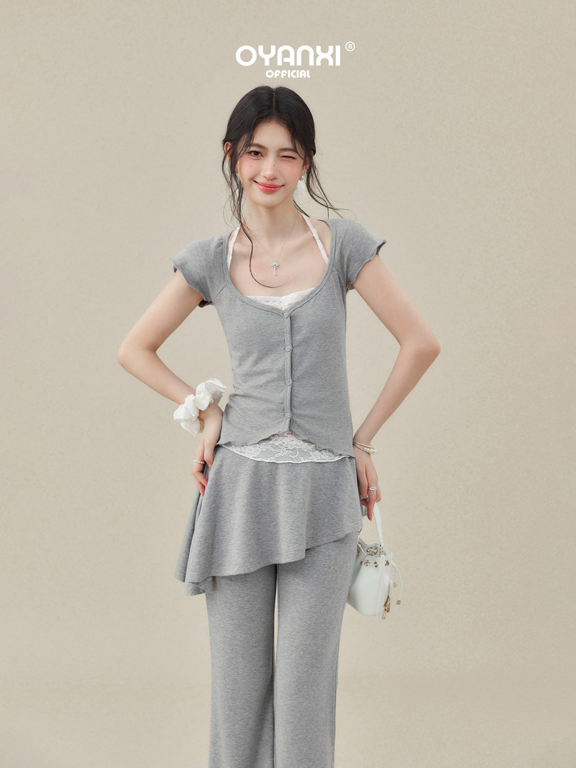Gray sleeveless loungewear set worn by a model