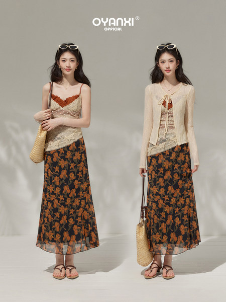 Two models wearing a sheer lace floral maxi skirt outfit with camisole and cardigan