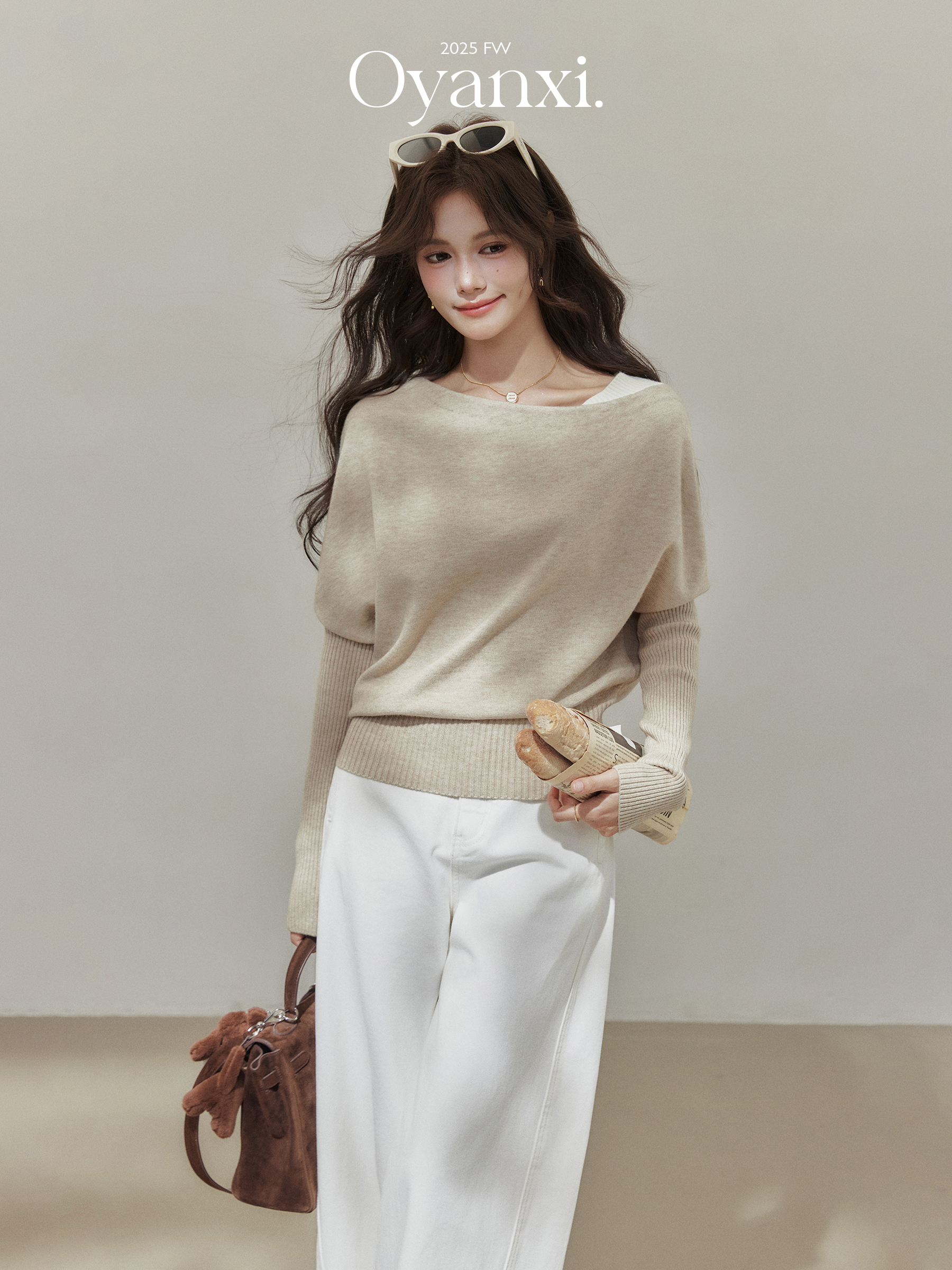 Gentle Lady Very Stylish Early Autumn Outfit, Featuring a Knit Sweater for Layering in Autumn, with a Loose, Off-Shoulder Top