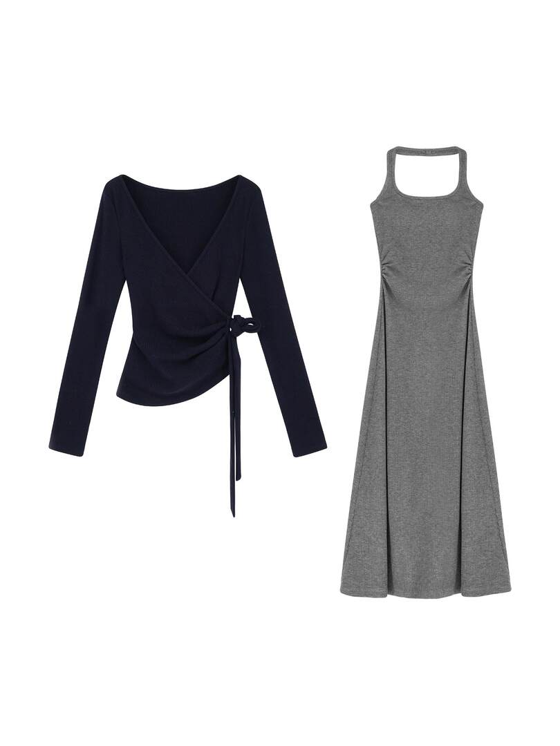 Two knit clothing items on a white background: a black long-sleeve wrap top and a gray sleeveless midi dress