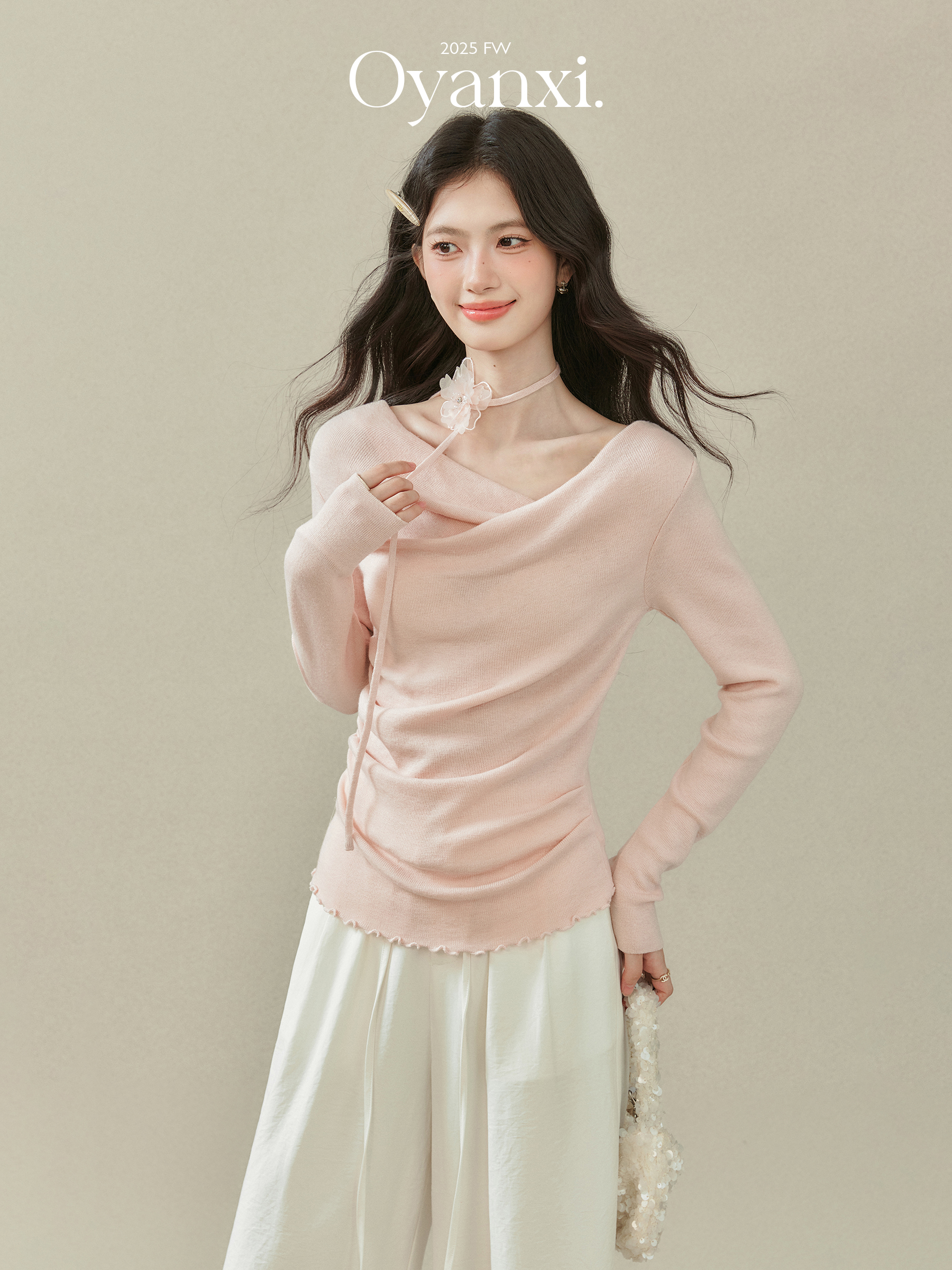 Elegant Pink Gardenia French-Style Ruffled Collar Ruffled Knit Sweater with Ruched Waist and Long Sleeves in Pink