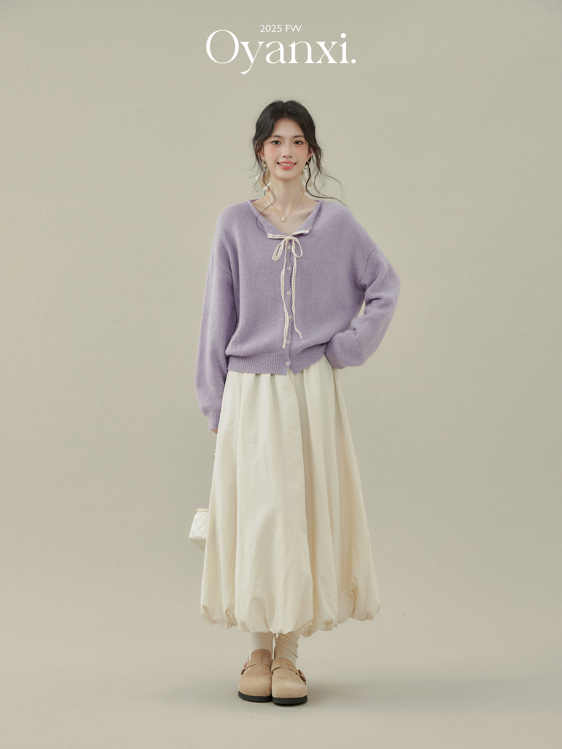 Tulip Lace Splicing Soft Sweater for Women, Autumn Purple V-Neck Long-Sleeve Knit Top