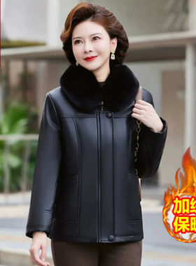新款加绒加厚妈妈PU皮棉袄冬装皮衣中年中老年人女装奶奶棉衣冬季