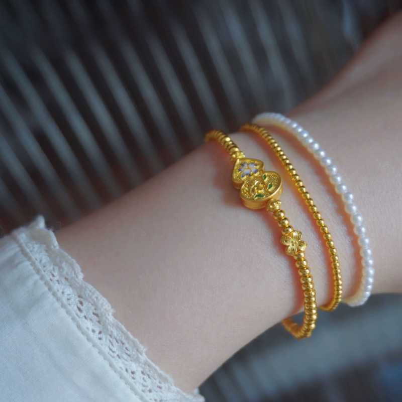 月海之心 古法金葫芦手串黄金手串足金手链3mm算盘金珠手串