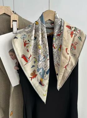 云想国度双面异色人字纹印花围巾女春季新款高档真丝羊毛方巾披肩