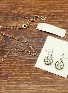 做旧金色镂空小圆盘简洁百搭小清新森女文艺范耳环坠项链套装