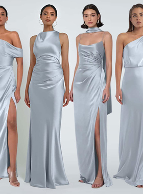 蓝色缎面伴娘服礼服女2025新款高级感小众平时可穿姐妹团连衣裙夏