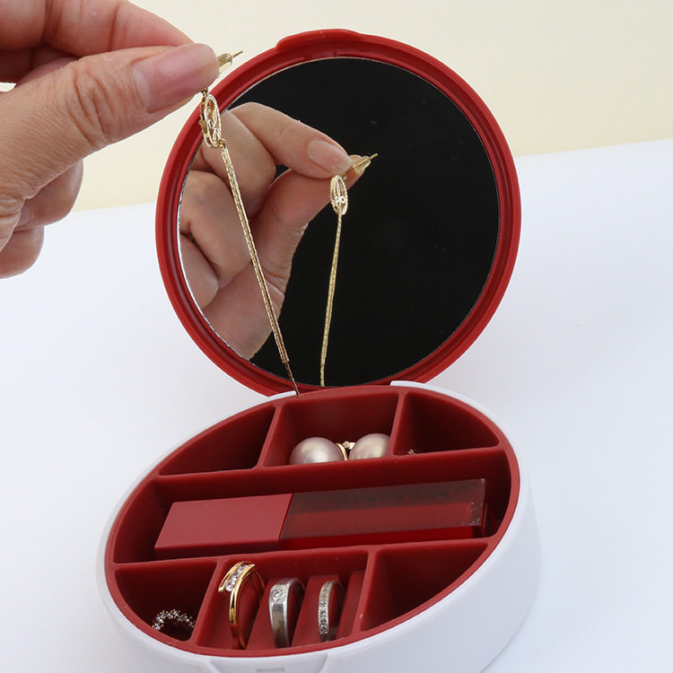 镜子圆形首饰盒旅行耳钉项链戒指饰品携带盒带内格桌面收纳盒