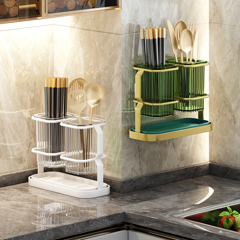 轻奢厨房置物架多功能刀具餐具一体收纳架壁挂筷笼桶台面筷子架