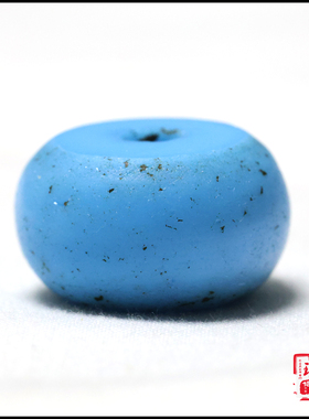 藏品 清代传世老琉璃珠子11*19毫米算盘珠形松石蓝色包老琉璃鼓珠