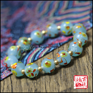 博山手工老琉璃珠子14毫米胶蓝色古法多色甩彩非遗凤眼琉璃珠手串