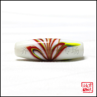 博山老琉璃珠子13*42mm古法甩彩瓷白手工微开片蝴蝶彩珠 勒子珠
