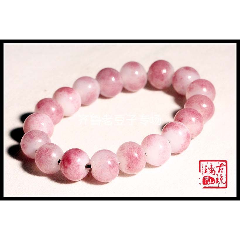 博山手工老琉璃珠子12毫米白玉底套料金红桃花粉色古法琉璃珠手串