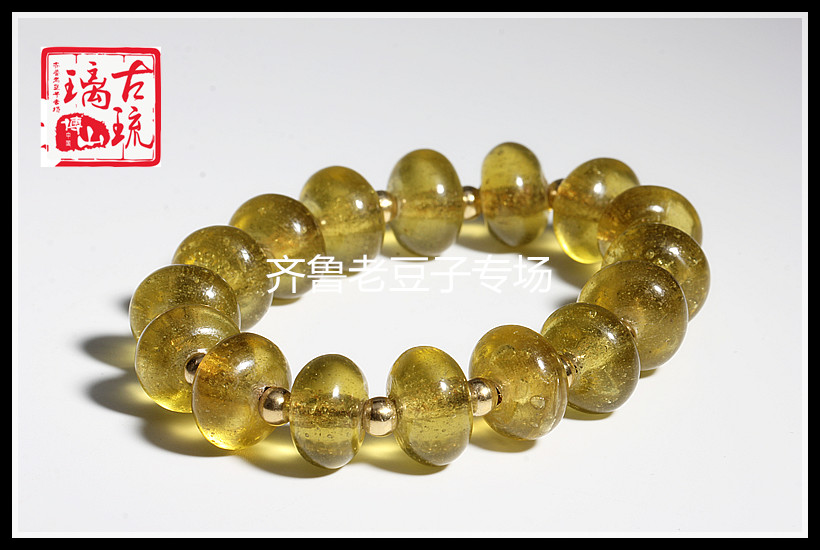 博山老琉璃珠子9*15mm古法手工孤品黄金色琉璃算盘珠散珠琉璃手链图片