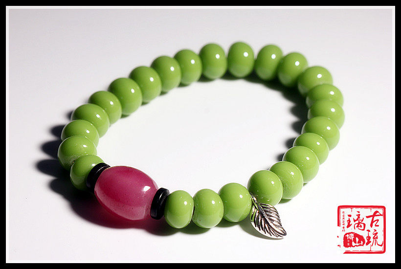 老美琉厂进口料古法手工老琉璃珠子8*10mm豌豆绿小算盘琉璃珠手链