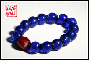 博山老琉璃珠子10*13mm宝石蓝苹果圆老琉璃算盘珠 包浆厚油润自然