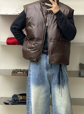 INTENSE 哑光PU磁吸扣羽绒马甲冬季厚款90白鸭绒买手店高品质外搭