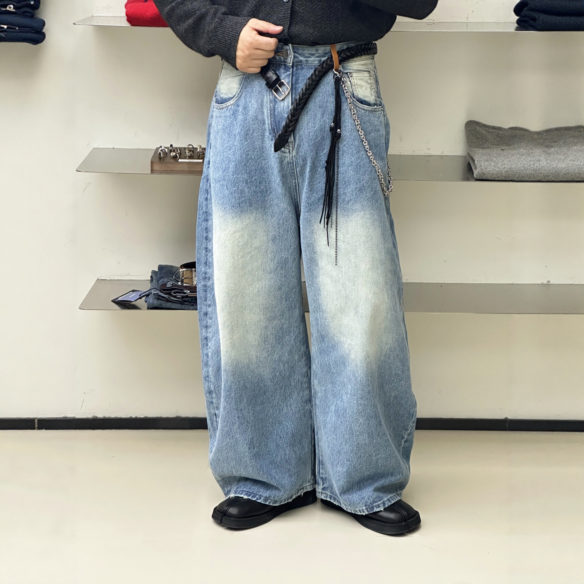 INTENSE小众调性大水洗弯刀裤男