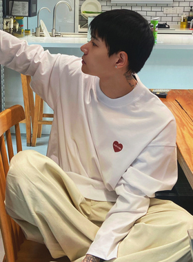 INTENSE 桃心字母白色T恤男生简约百搭长袖IHB秋冬高克重黑色打底