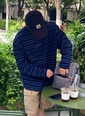 INTENSE 复古蓝色条纹字母宽松长袖T恤男士潮流个性cleanfit穿搭