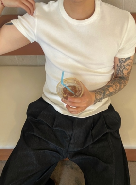 INTENSE 轻熟坑条修身正肩T恤显肩宽短袖韩系简约基础款打底男士
