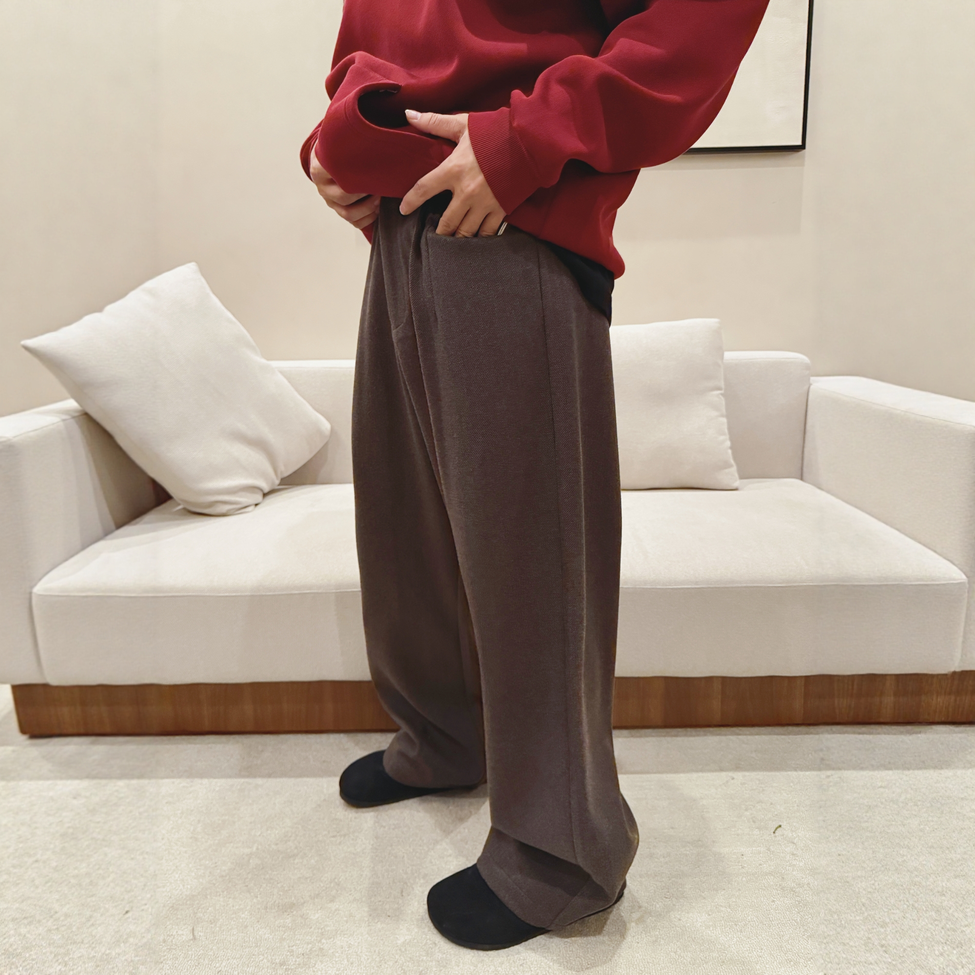 INTENSE极简掐褶加绒直筒羊毛裤