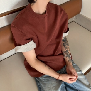 INTENSE 拼色翻袖极简纯色T恤男士夏季薄款铁锈红个性短袖带凉感
