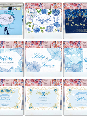 手绘唯美水彩花卉蓝色恋人鎏金玫瑰结婚即场派4R相套感谢Thanks咭