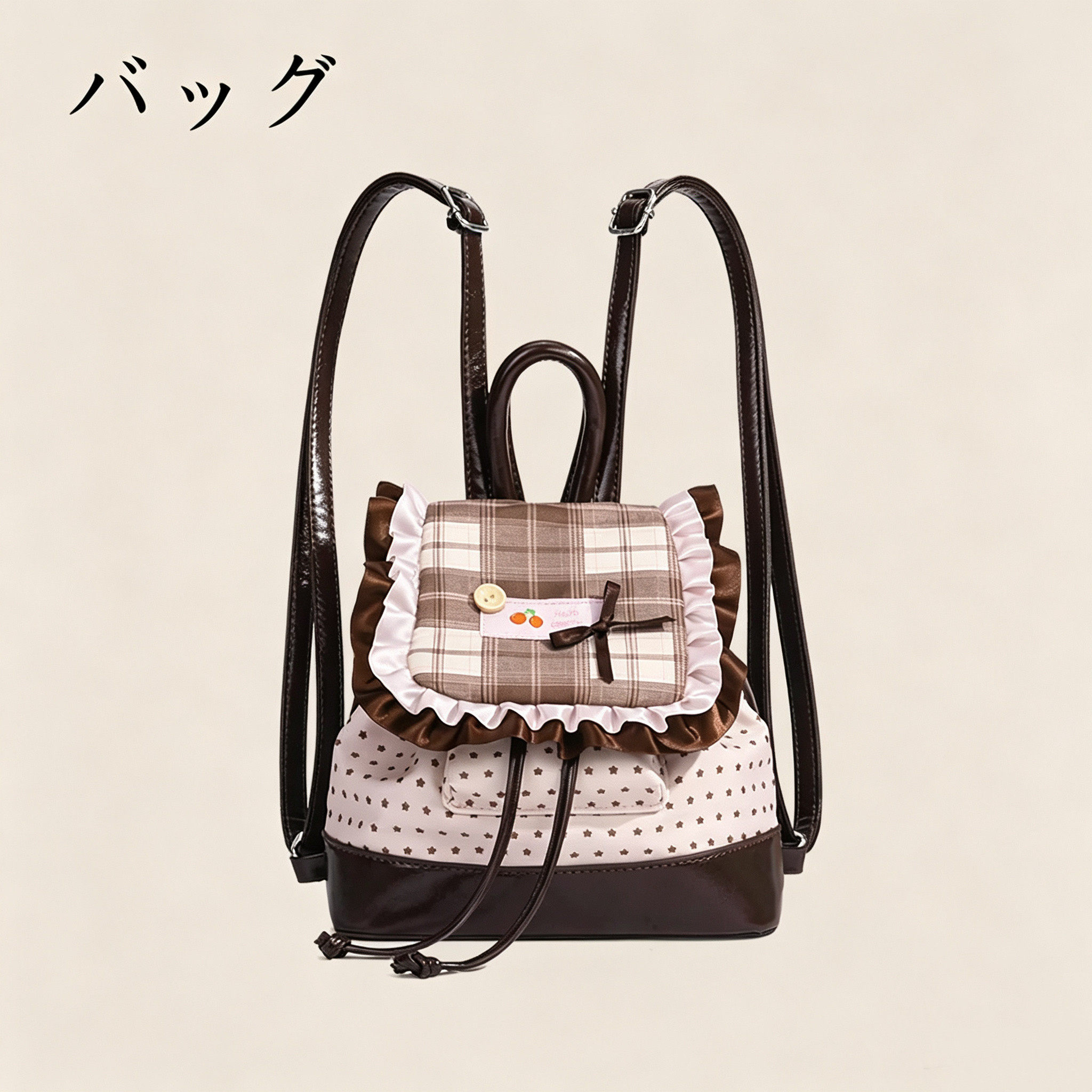 日本バッグ古着感格纹抽绳双肩包少女蝴蝶结纽扣小背包迷你小包包