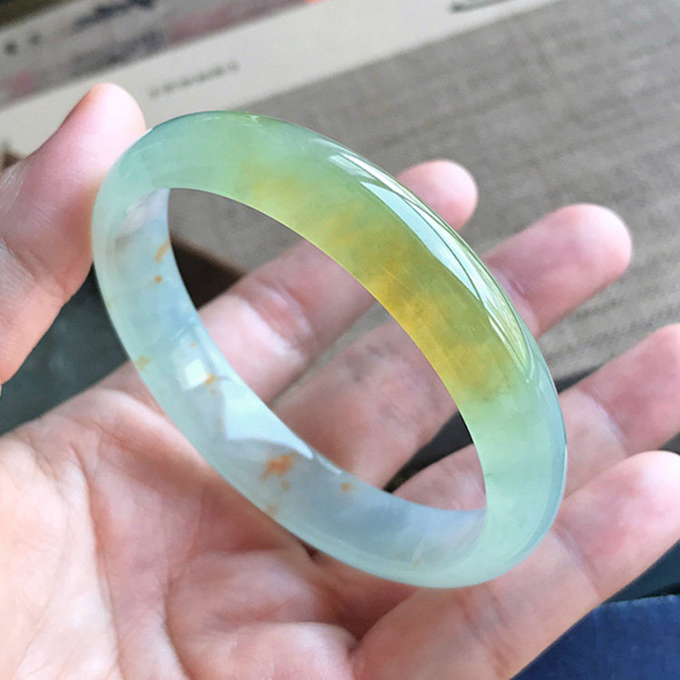 57 冰胶蜜色洒金缅甸天然A货翡翠手镯冰种黄翡起胶正圈玉镯子证书