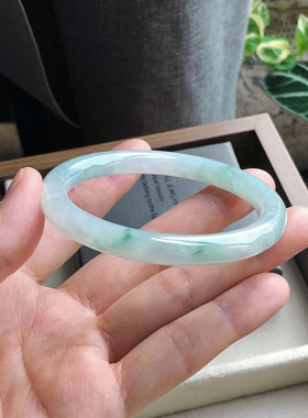 54 55圆条缅甸料天然A货翡翠手镯飘花浅绿色蓝花细条美人镯子证书