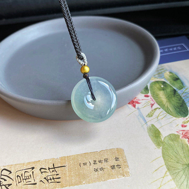 24mm 自然光缅甸天然老坑A货翡翠平安扣冰种晴水浅绿色裸石带证书