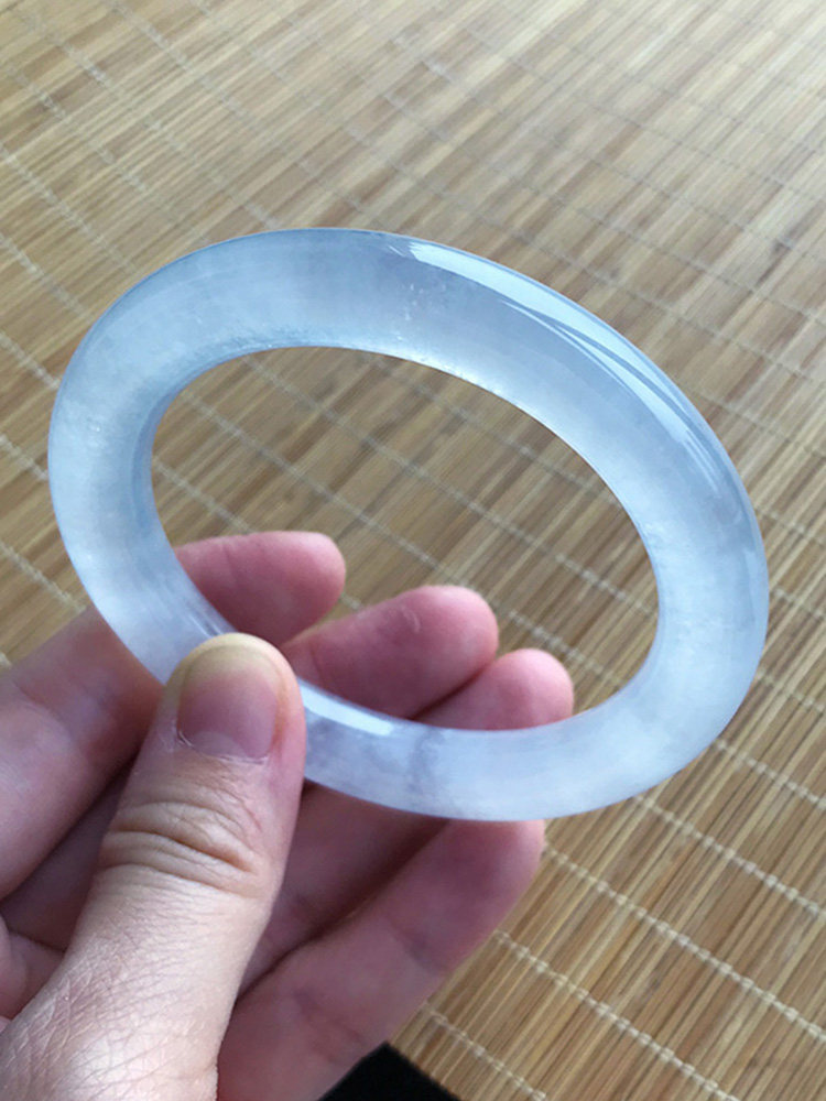 白月光 缅甸天然老坑A货翡翠圆条手镯白冰纯白色高冰种56
