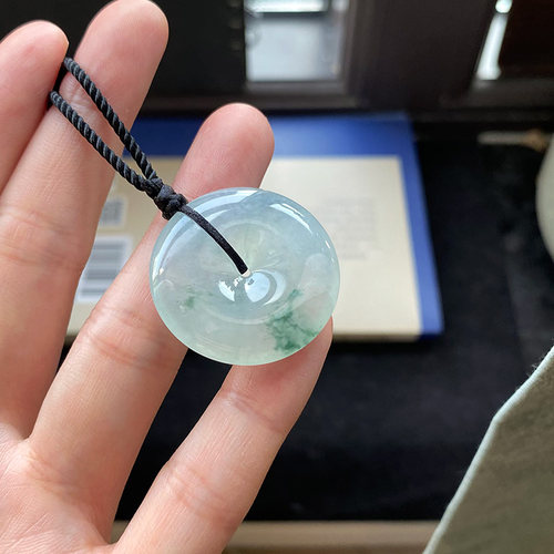 天然A货翡翠平安扣冰种飘花蓝绿