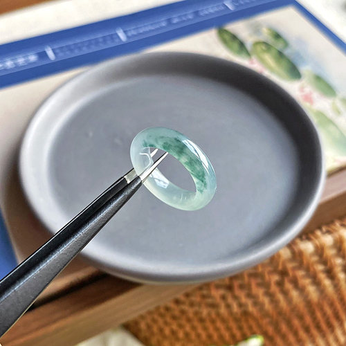 10号 实拍缅甸料天然老坑A货翡翠指环飘花蓝花起胶戒指尾戒带证书