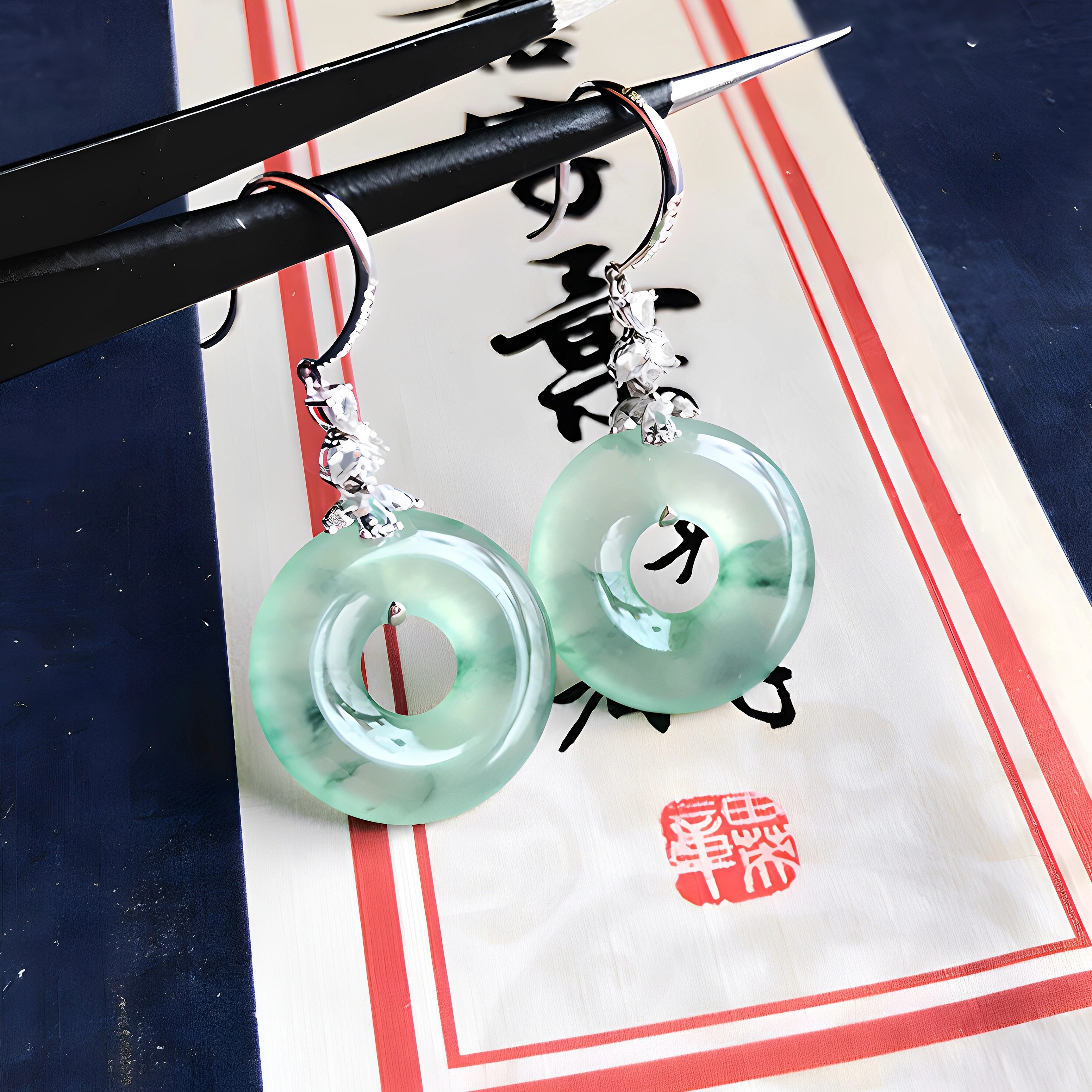 A货翡翠甜甜圈耳钩冰种飘绿花